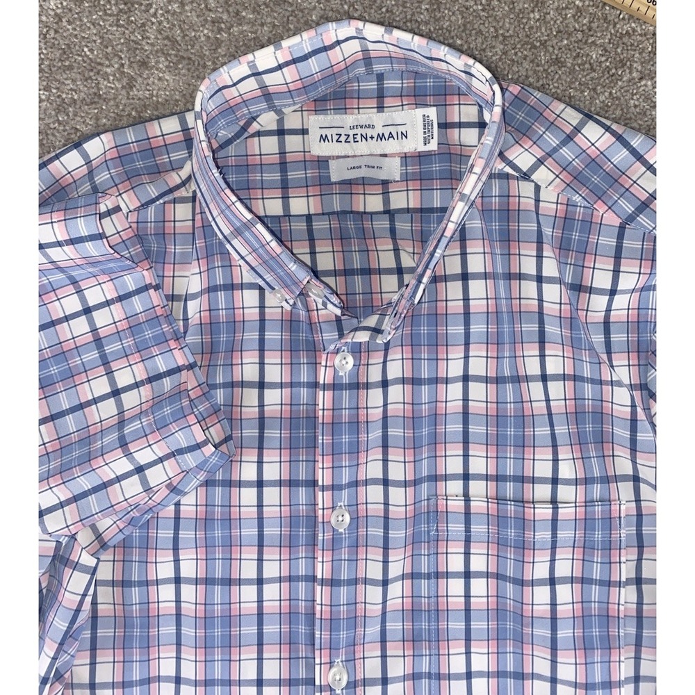 Mizzen Main Leeward Blue/Pink Gingham Shirt Casual Work Mens Large Trim Stretch